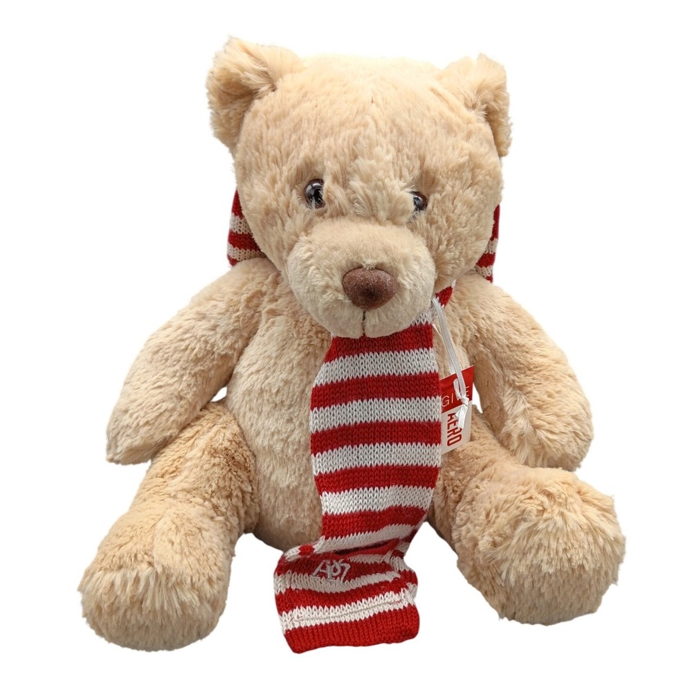 Aeropostale Tan Plush Teddy Bear Red White Striped Scarf A87 Holiday Stuffed Toy